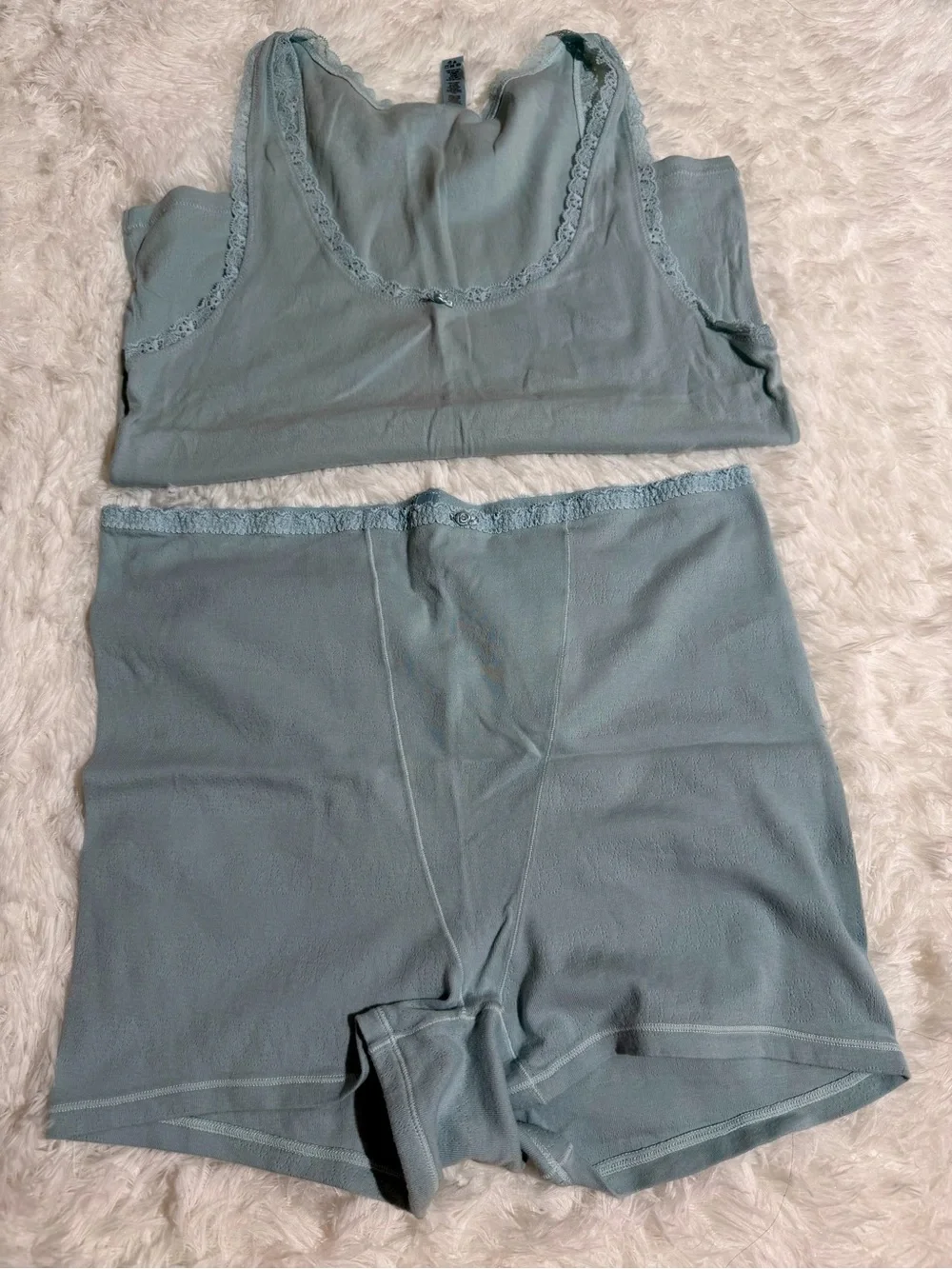 SKIMS 4X Matching Lace Pajama Set Pointelle Shorts Tank Top Light Blue Soft Cute